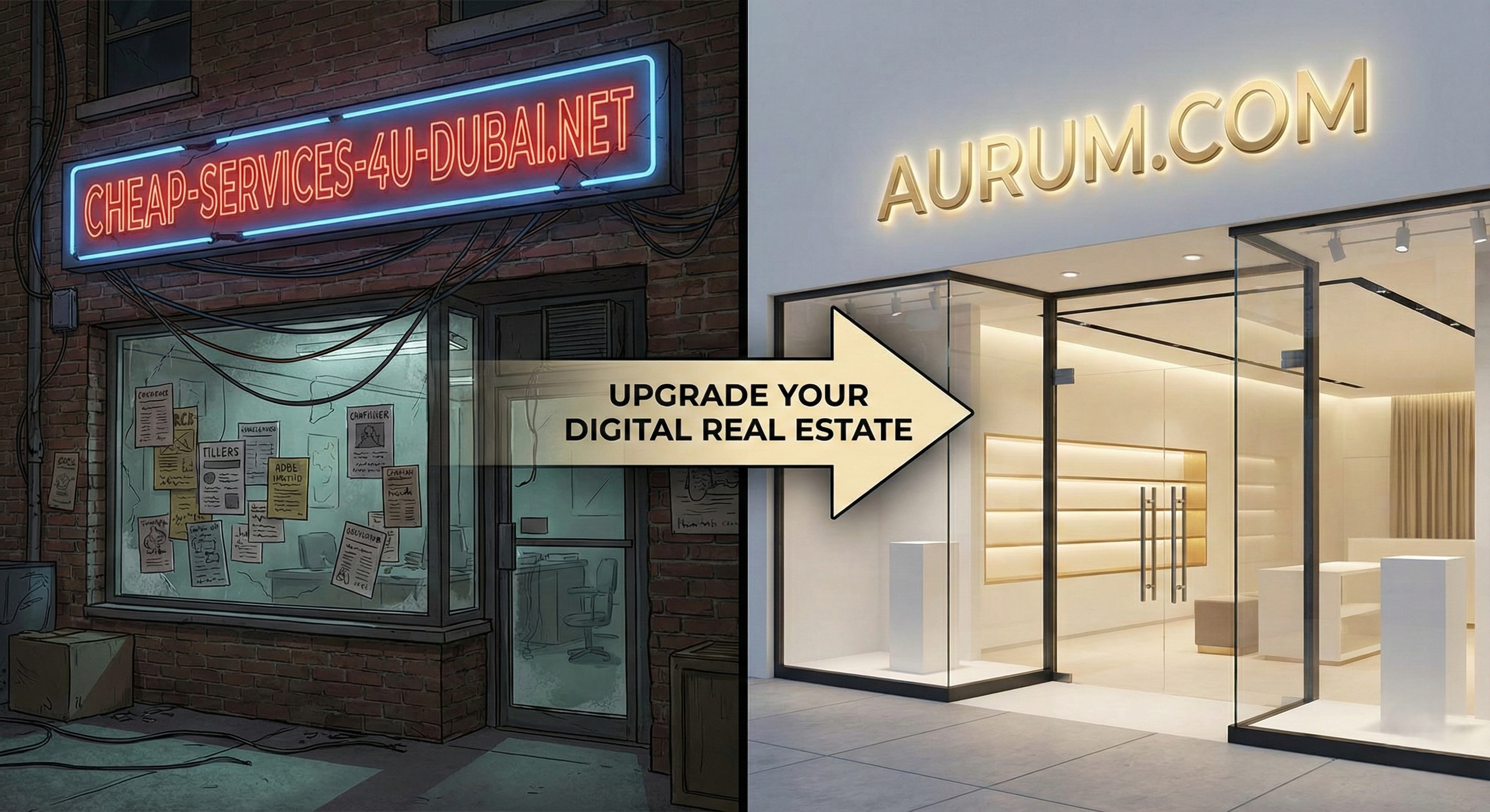 a visual comparing a "cluttered, cheap sign" vs. a "premium, neon brand sign"